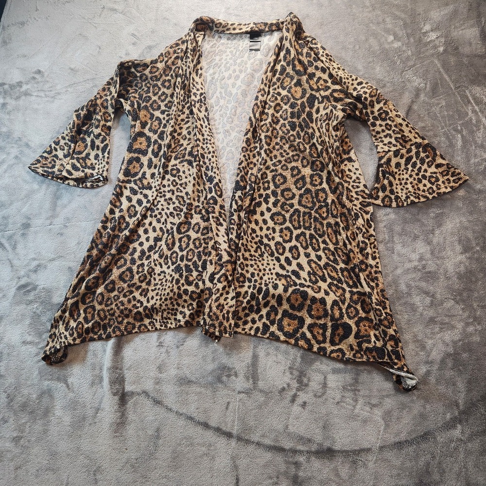 Ali Miles Cardigan Womens L Leopard Print Open Front Knit 3/4 Bell Sleeves